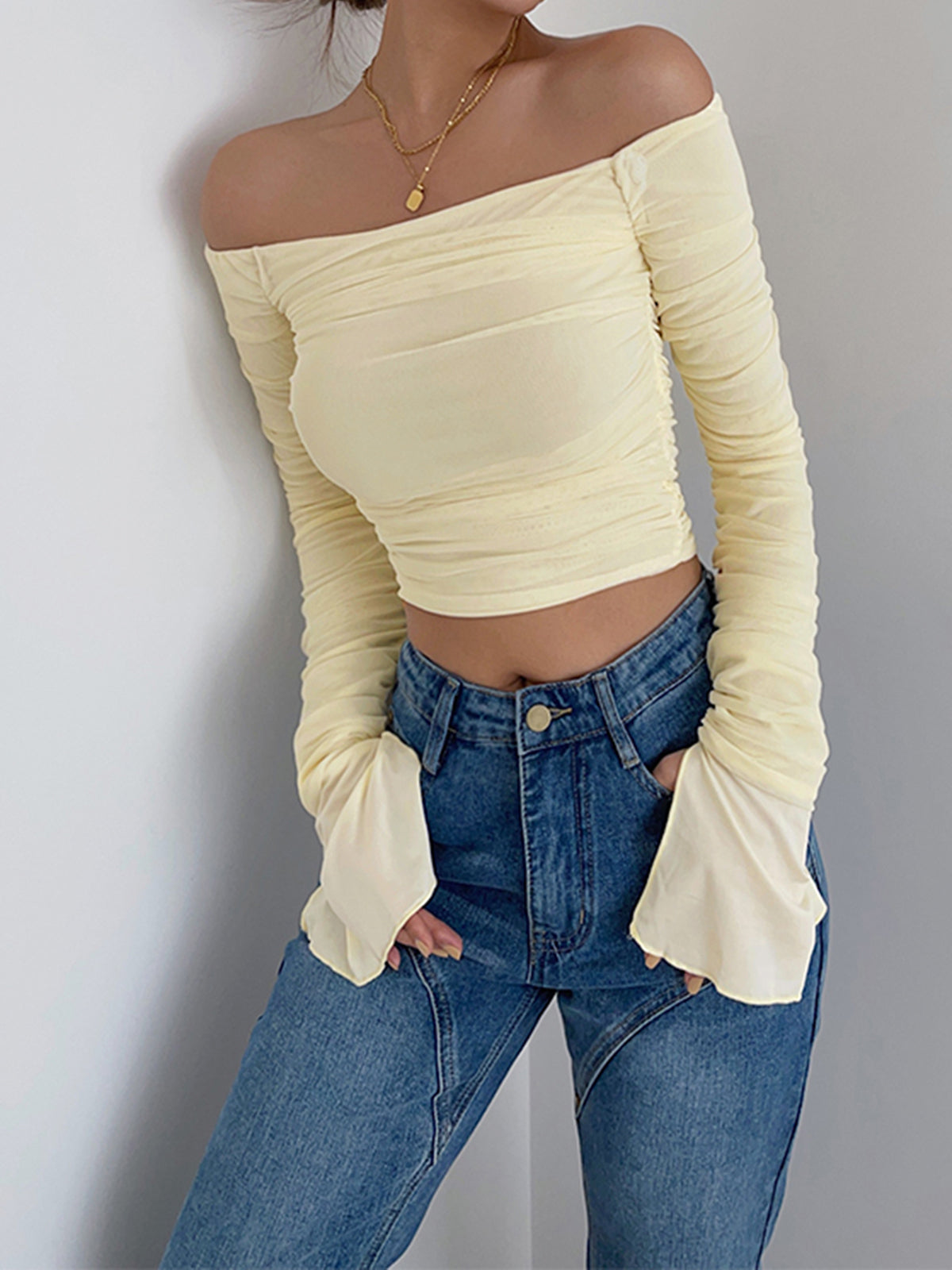 Semi-Sheer Off-Shoulder Mesh Crop Shirt
