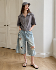 Loose Ripped Capri Wide Leg Jeans