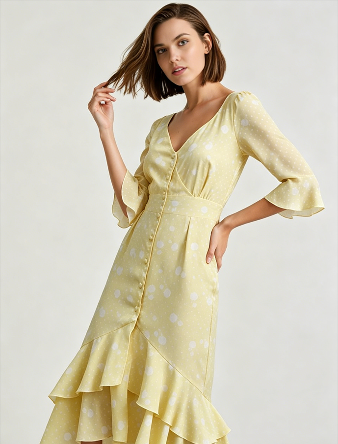 Asymmetric Ruffled Sleeve High Waist Floral Dress