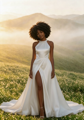 Elegant Satin Halter Train Reception Dress