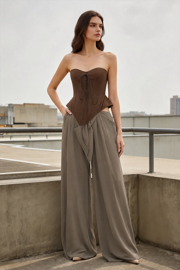 Tie Strapless High Waist Color Block Patchwork Maxi Dress