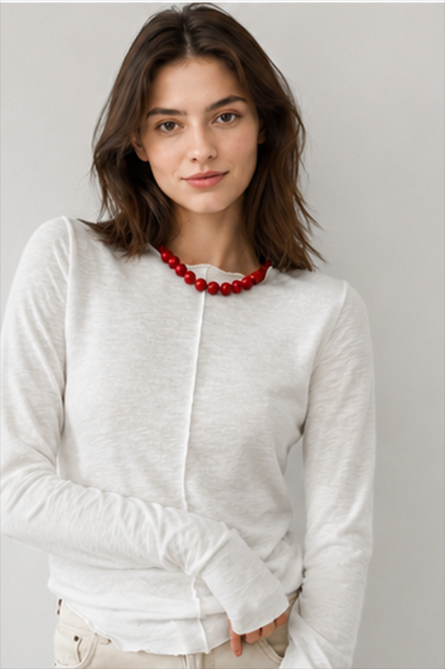 White Crew Neck Knit Panel Long Sleeve Tee