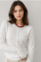 White Crew Neck Knit Panel Long Sleeve Tee