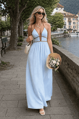 Deep V Neck Striped Backless Maxi Dress