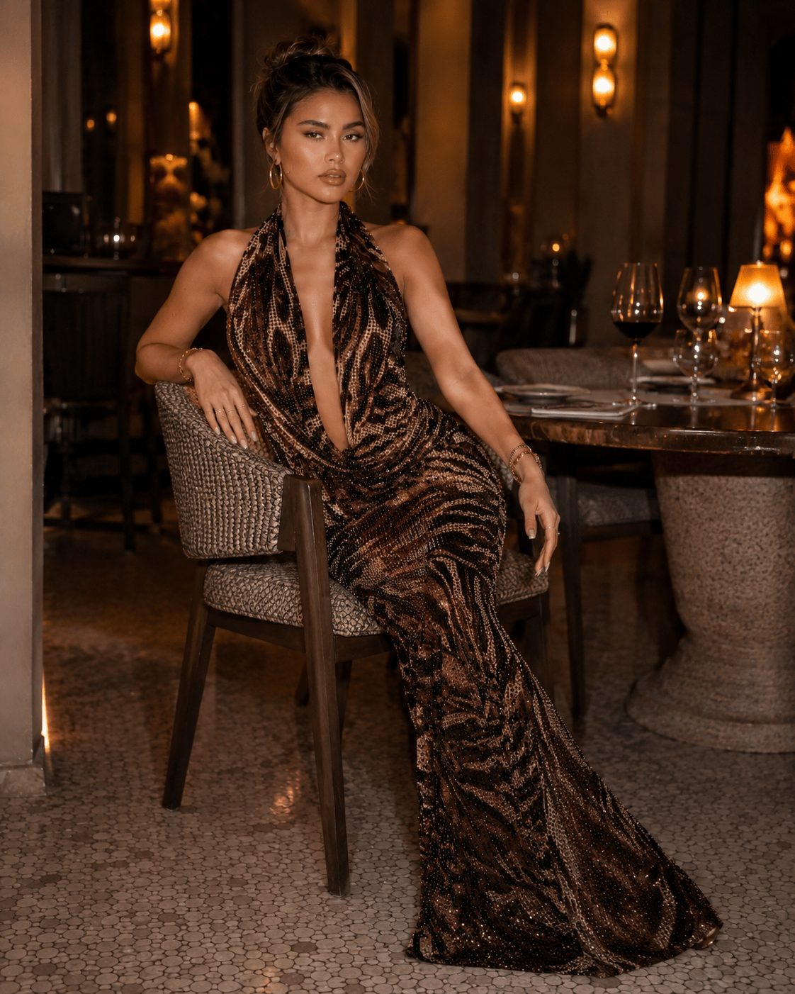 Sexy Printed Rhinestone Halter Backless Maxi Dress