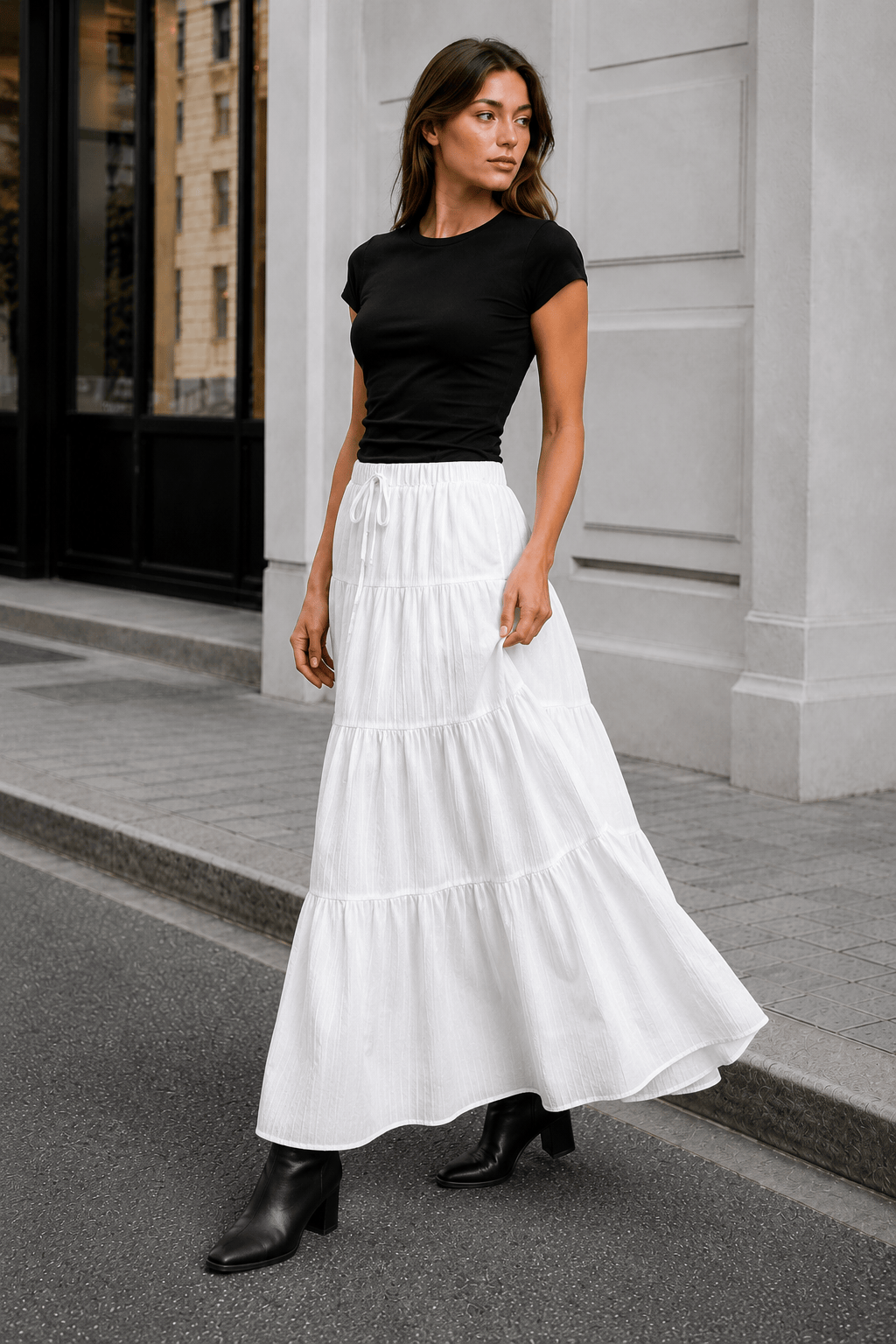White Tie Waist A-Line Maxi Skirt