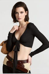 Wrap Tie V Neck  Long Sleeve Cropped Crop Top