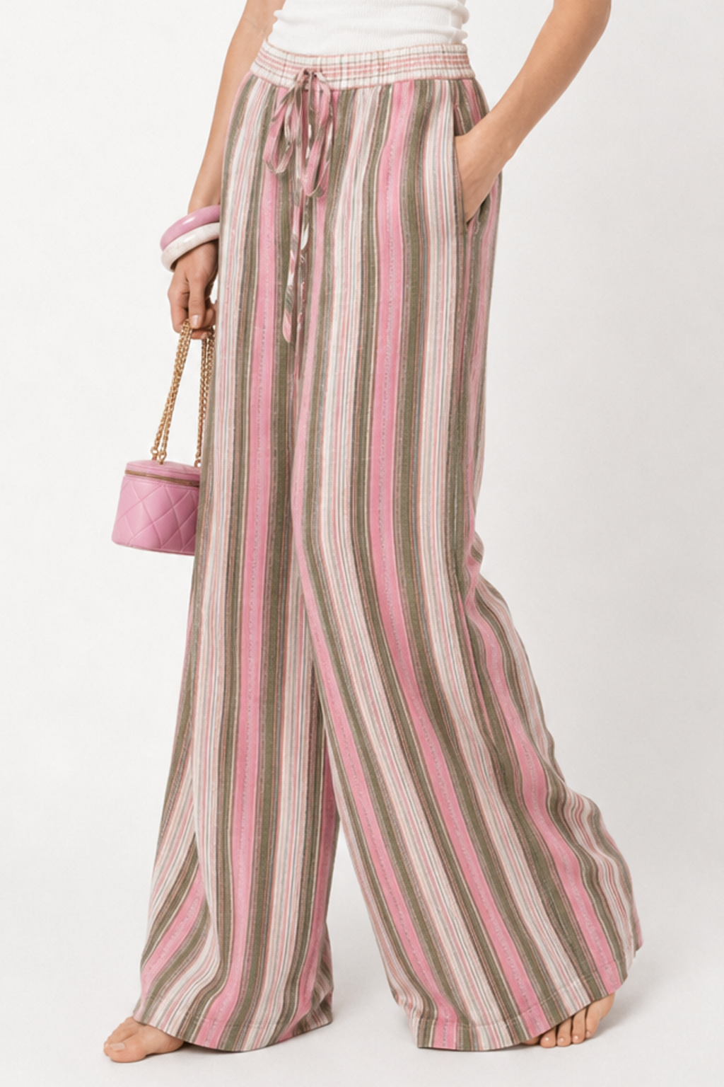 Colorful Colorblock Striped Elastic Wide-Leg Pants