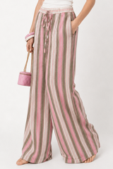 Colorful Colorblock Striped Elastic Wide-Leg Pants