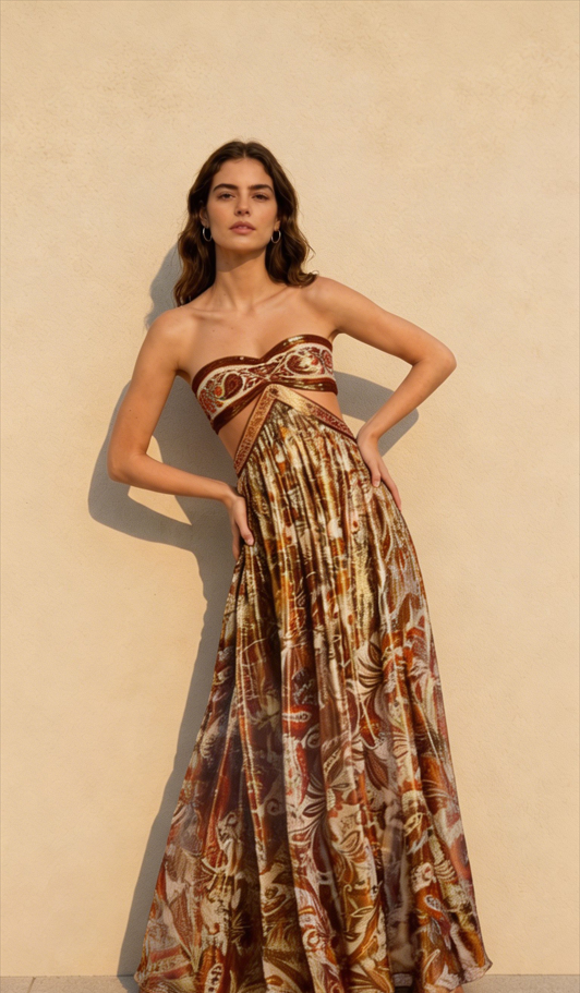 Strapless Lace Up Pleated Boho Dress