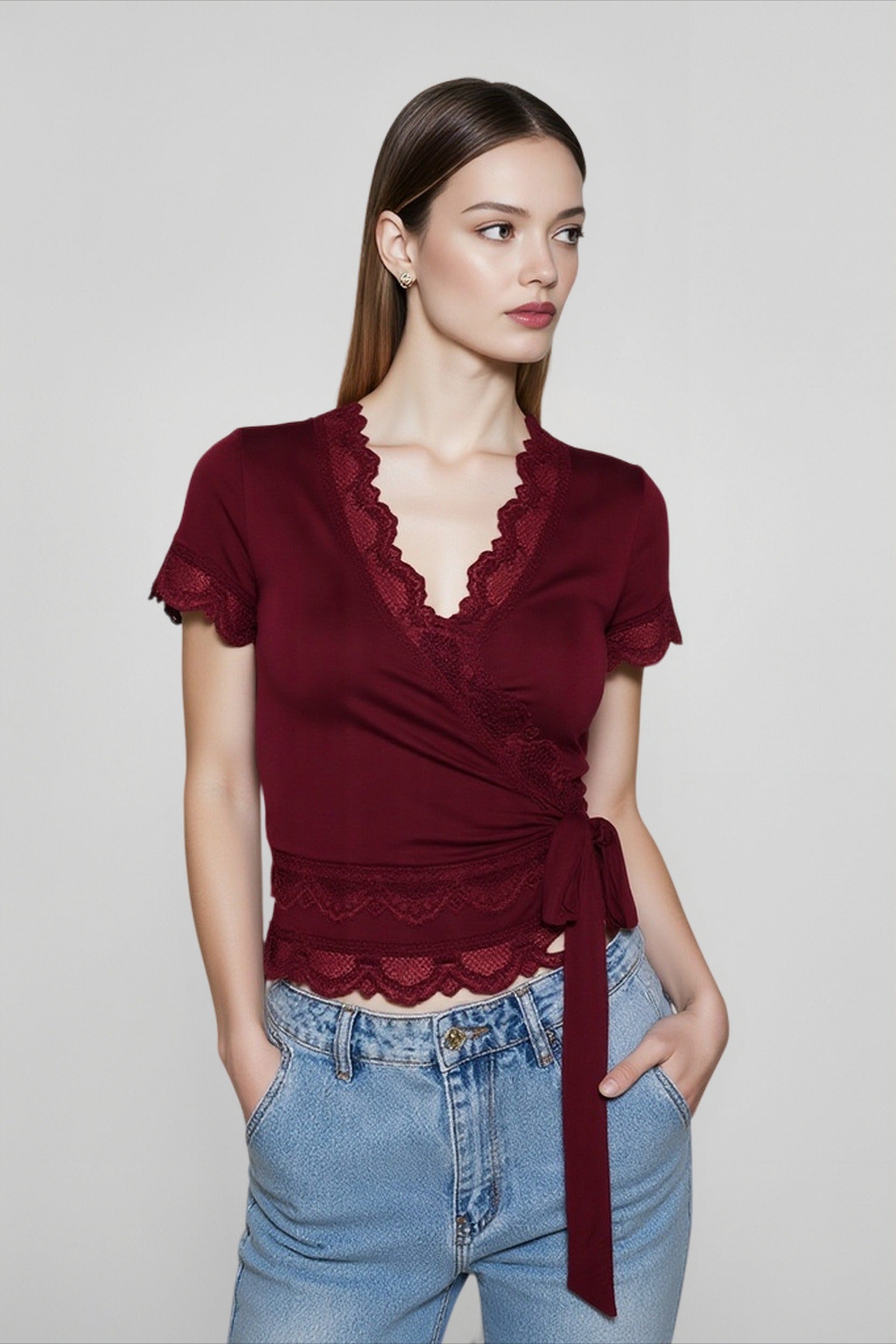 Lace Trim V Neck Tie T-shirts