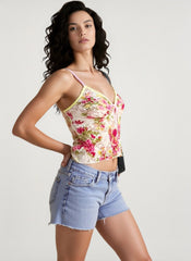 Women Spaghetti Strap Top Floral Print V-neck Front Split Tie-Up Sleeveless Summer Slim Fit Mini Vest Crop Top