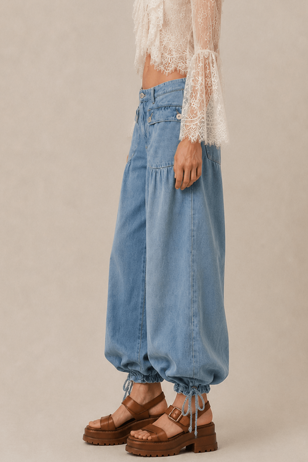 Loose Cuffed Ruched Tie Jeans