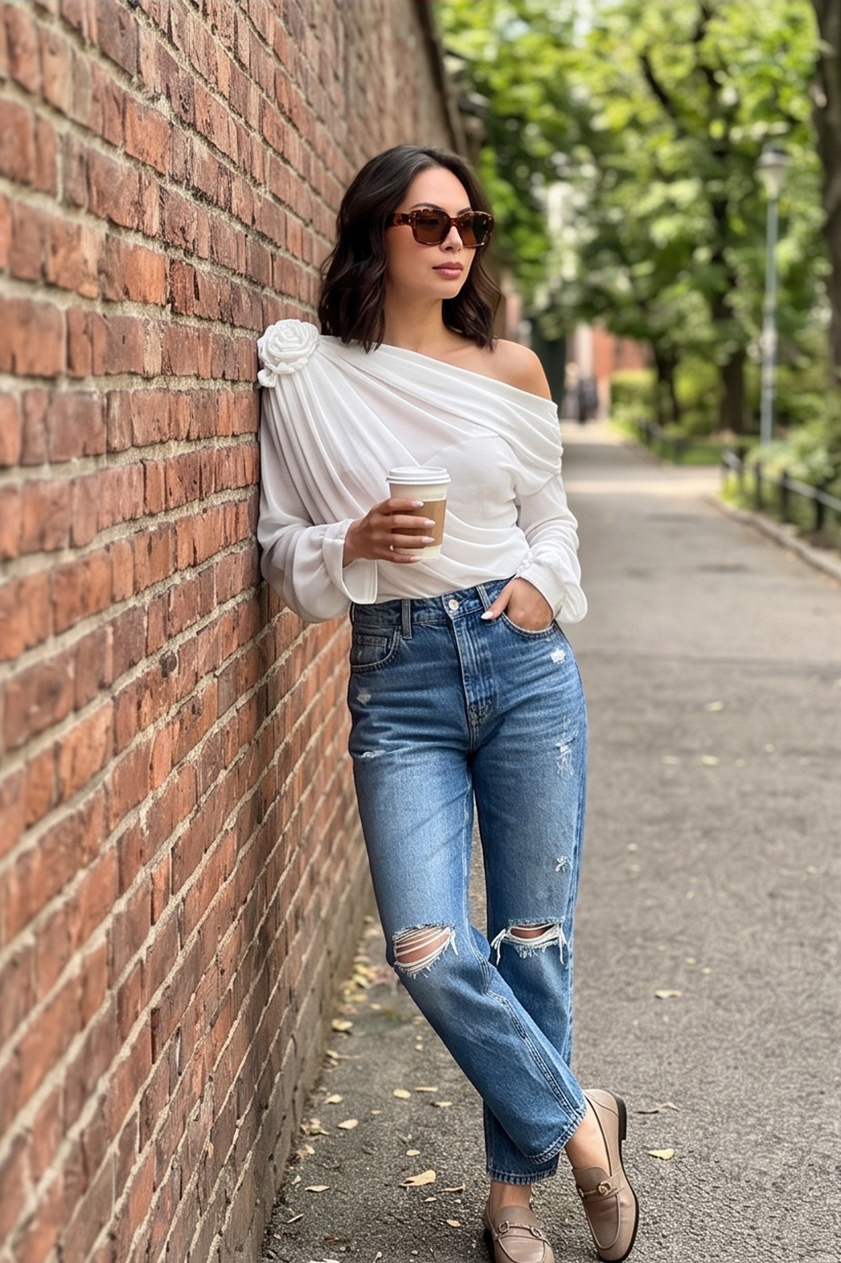 Chiffon Floral Off-the-Shoulder Fitted Blouse