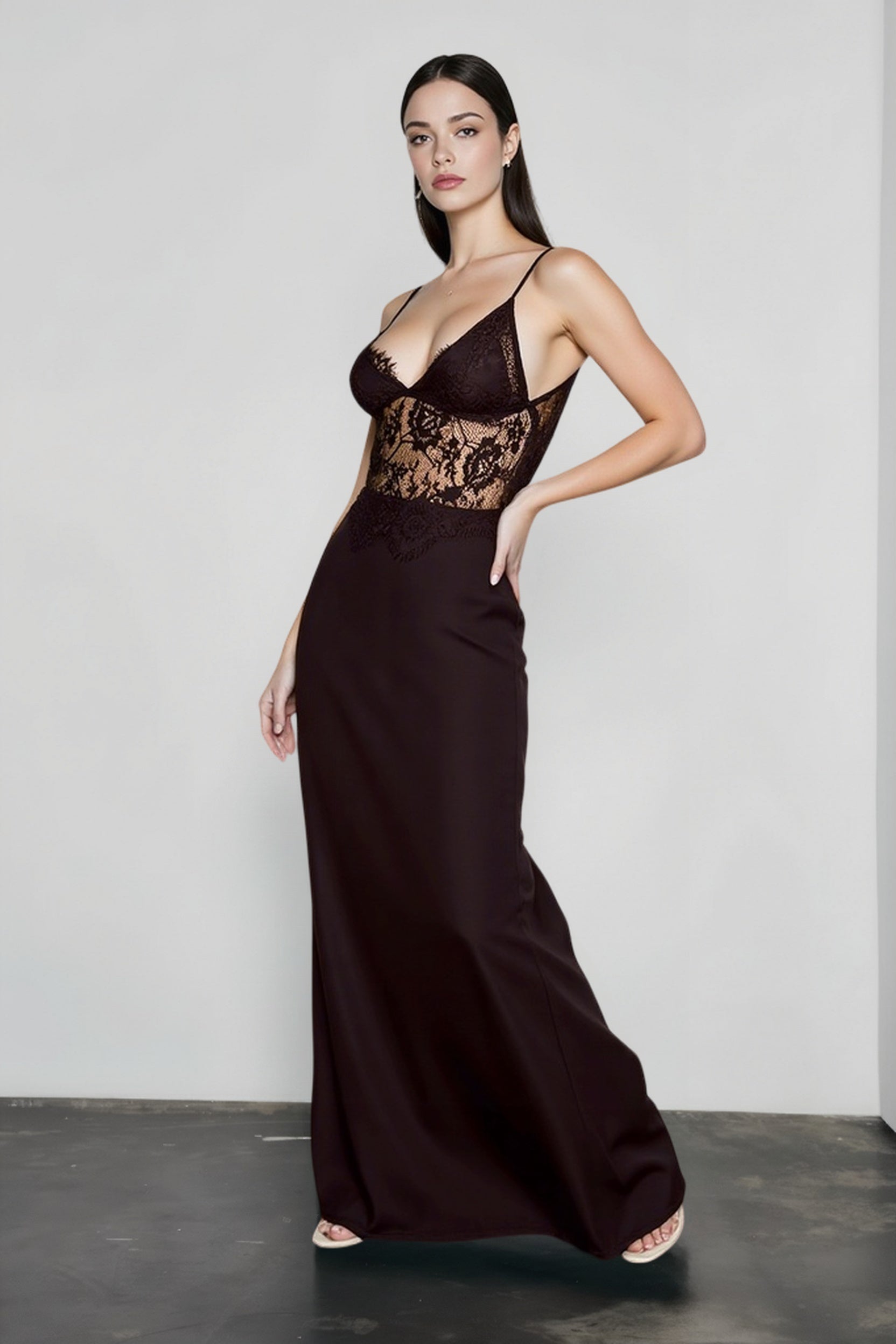 Elegant Sexy Deep V Sheer Lace Patchwork Maxi Dress