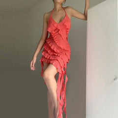 Cross Strap Ruffle Floor Length Dress