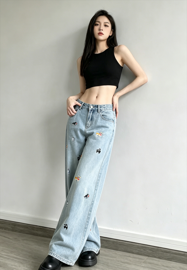Cute Dog Embroidered Vintage Loose Jeans