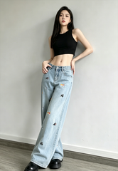 Cute Dog Embroidered Vintage Loose Jeans