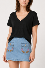 Minimalist Solid Deep V Neck Slub Cotton Loose T-shirt