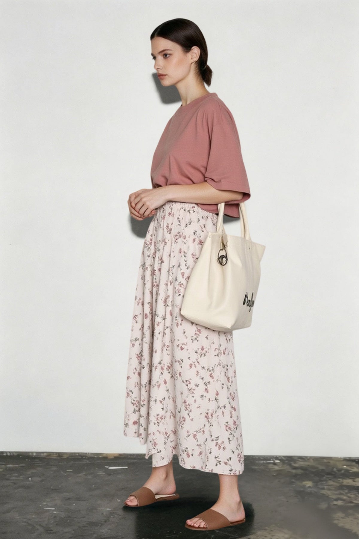 Vintage Floral Print A-line Pleated Streetwear Drawstring Midi Skirt