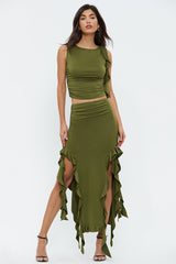 Ruffle Trim Sleeveless Crop Top & Split Hem Skirt Set