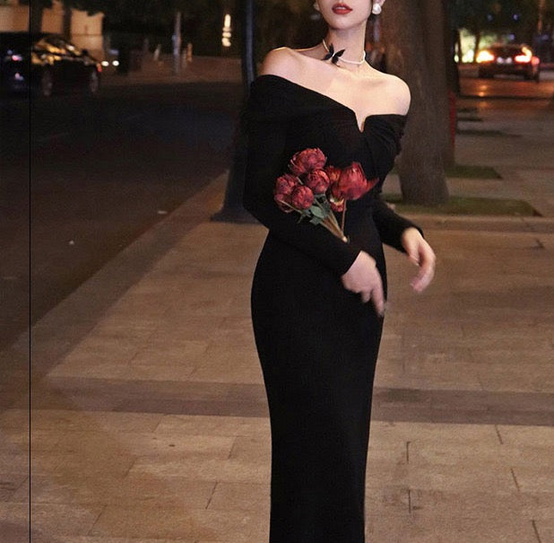 Ribbed Modal Long Sleeve Maxi Dress in Black