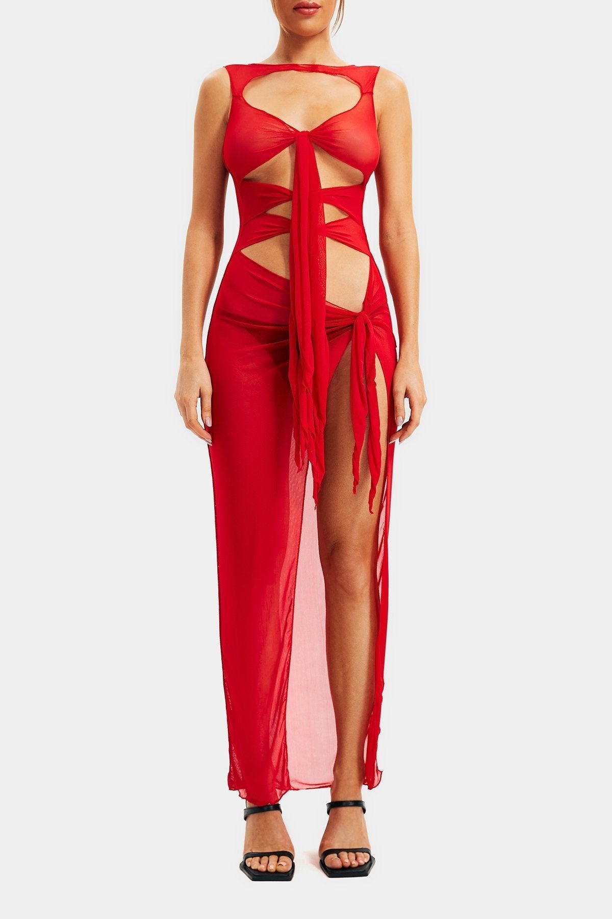 Mesh Cut Out Knot Front Split Thigh Maxi Dress