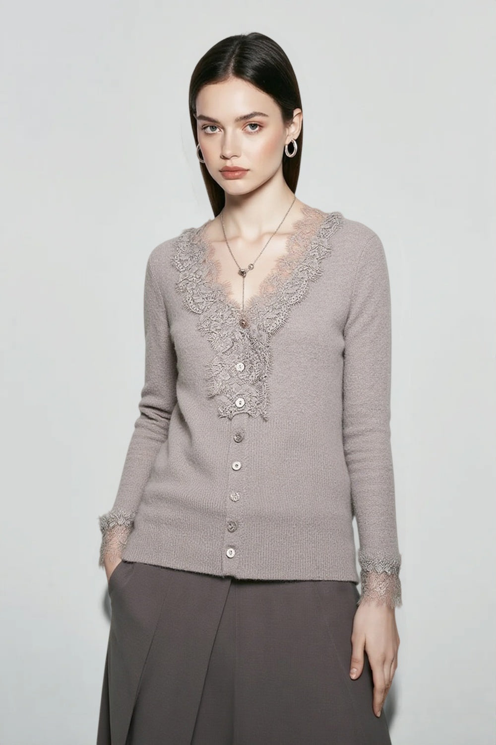 Lace Trim V Neck Cashmere Cardigan