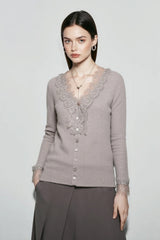 Lace Trim V Neck Cashmere Cardigan