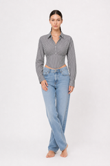 Striped Waist Cinched Collared Short Blouse