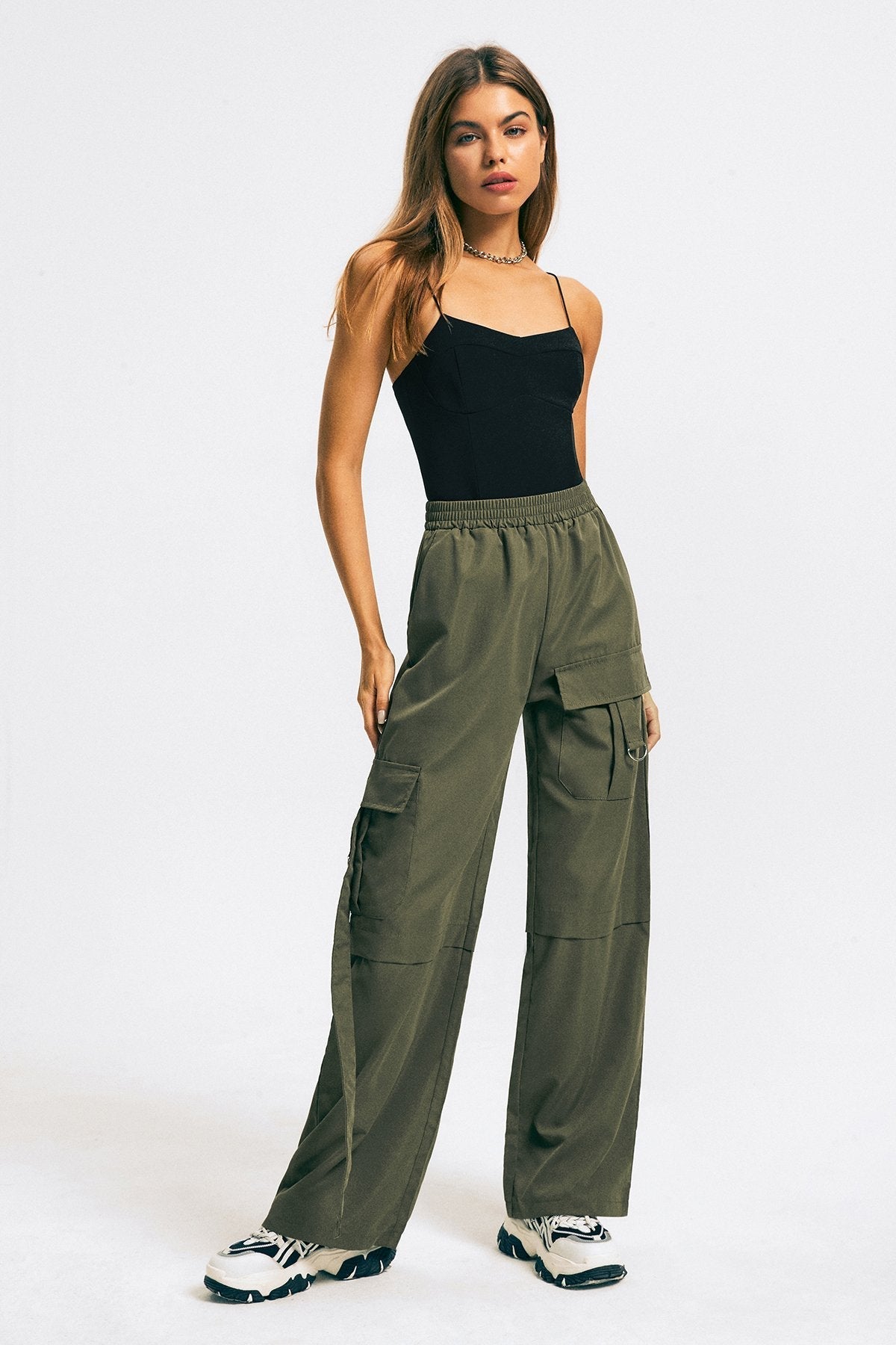 Flap Pocket Elastic Waist Solid Wide Leg Pants