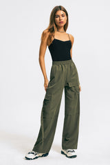Flap Pocket Elastic Waist Solid Wide Leg Pants