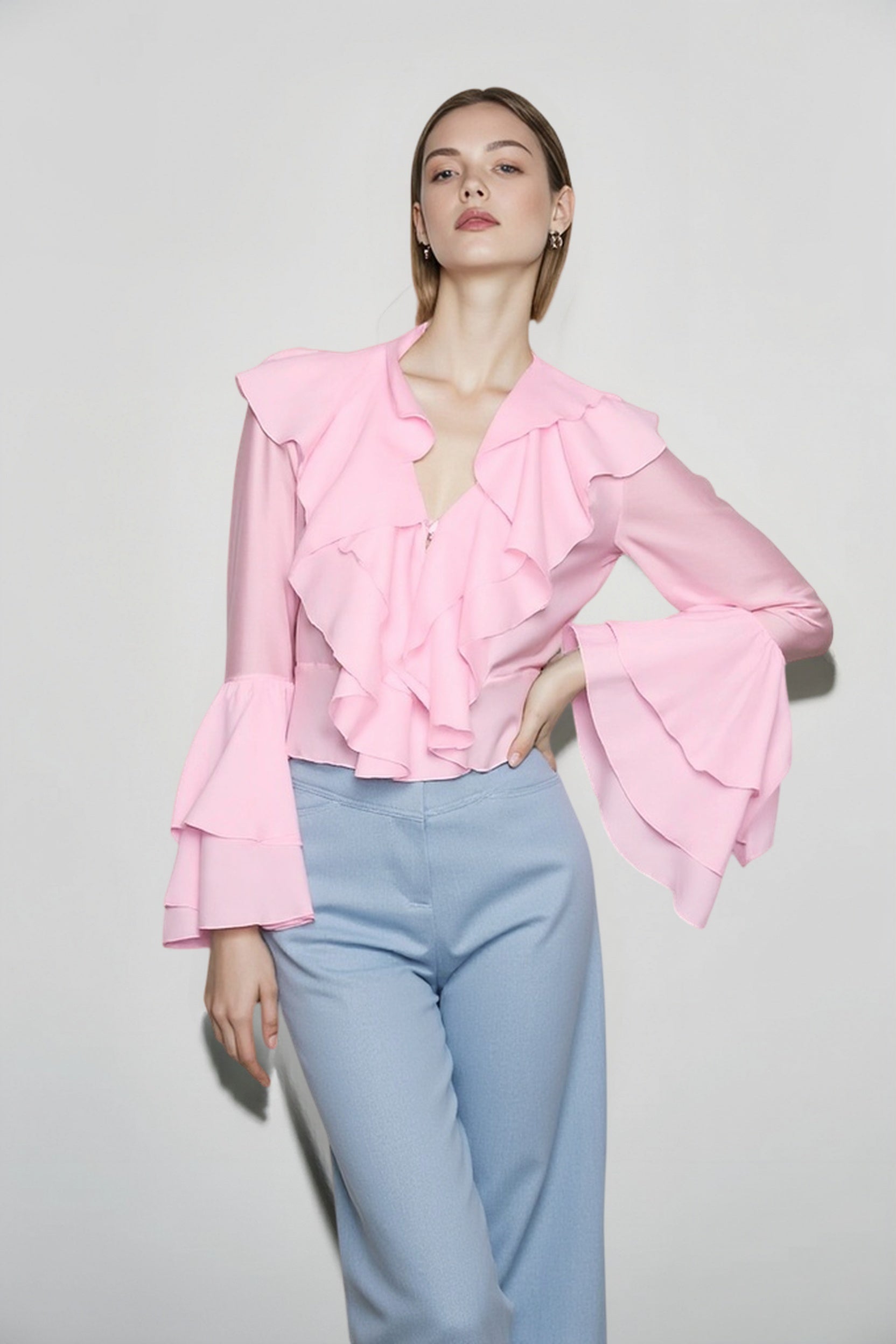 Chiffon Flare Sleeve Cropped Blouse