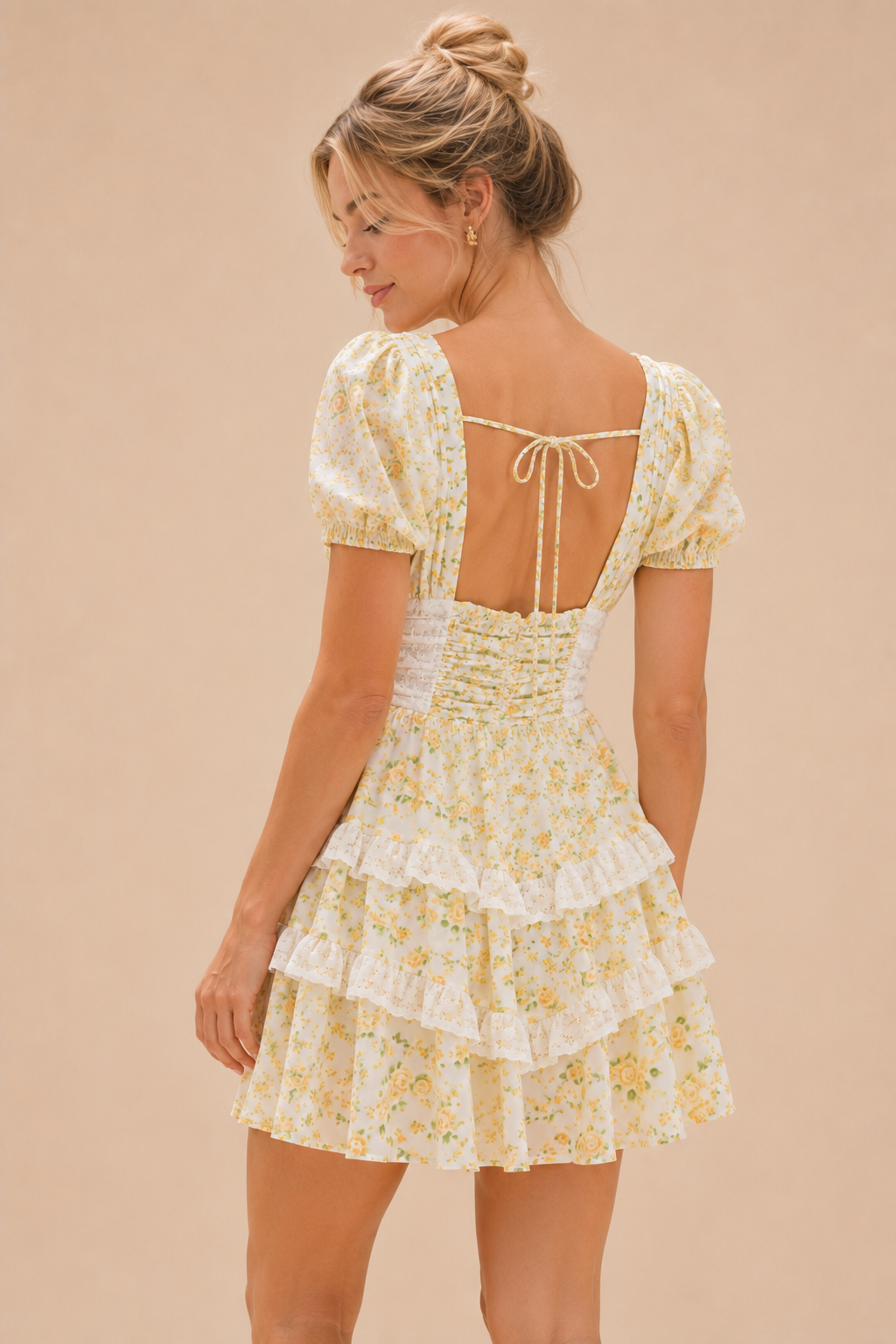 Floral Lace Patchwork V Neck Puff Short Sleeve Mini Dress