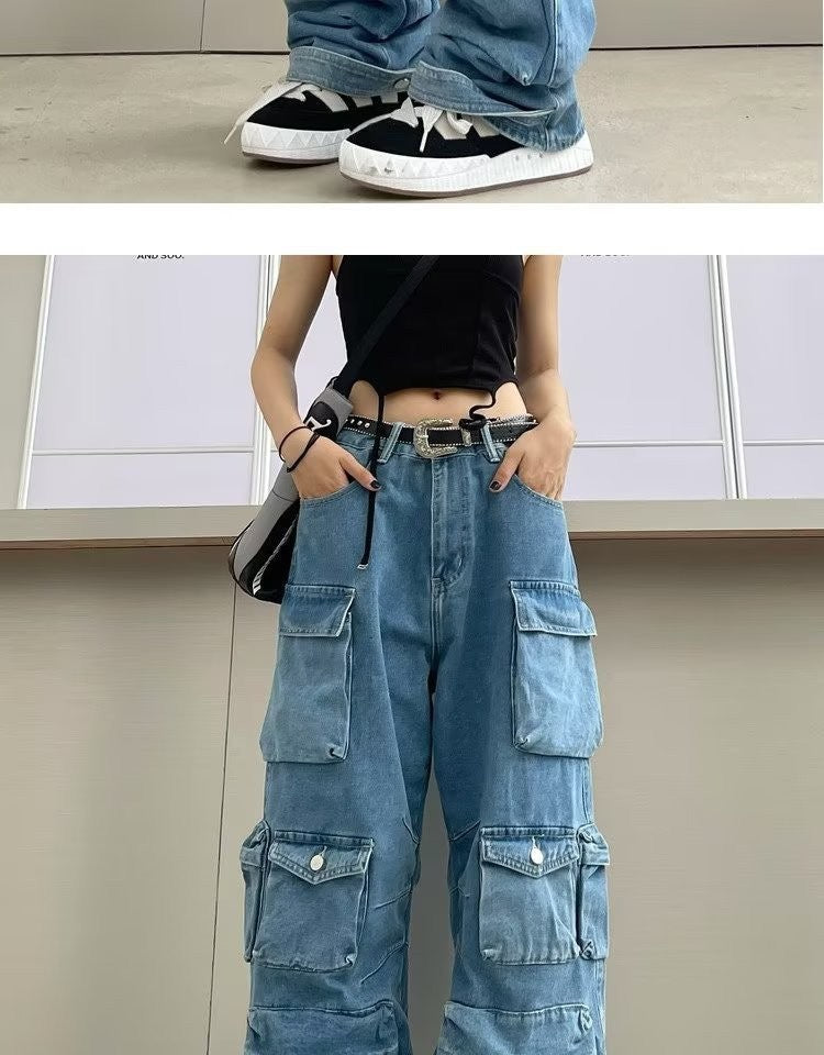 Multi Pocket Rolled Hem Wide Leg Cargo Jeans