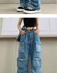 Multi Pocket Rolled Hem Wide Leg Cargo Jeans