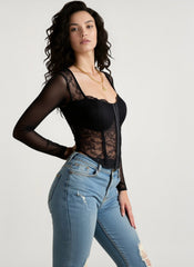 Lace Sheer Mesh Boned Buttoned V Neck Crop Top