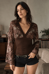 Vintage Floral Print V-neck Slim Sexy Long Sleeve Tee