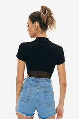 Mesh Splicing Mock Neck Short Sleeve Bodysuit