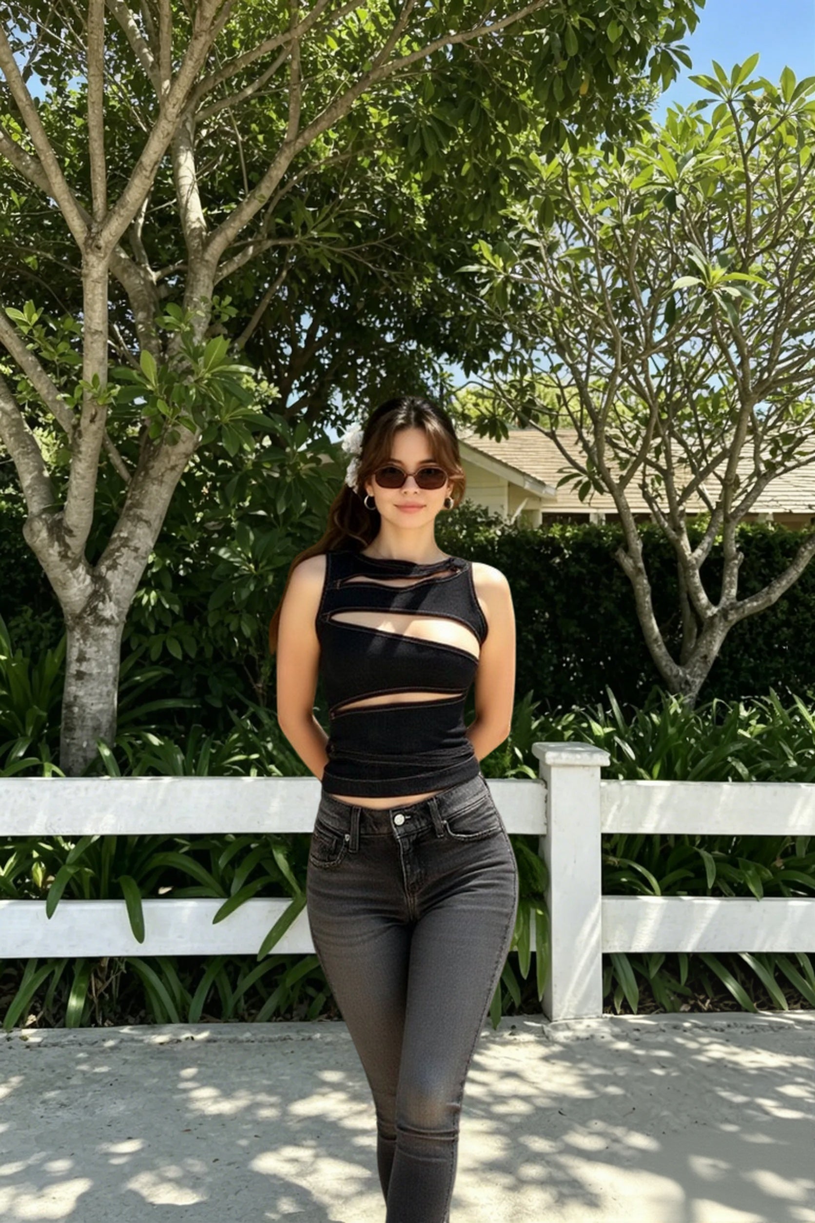 Hollow Out Denim O-neck Cami Top