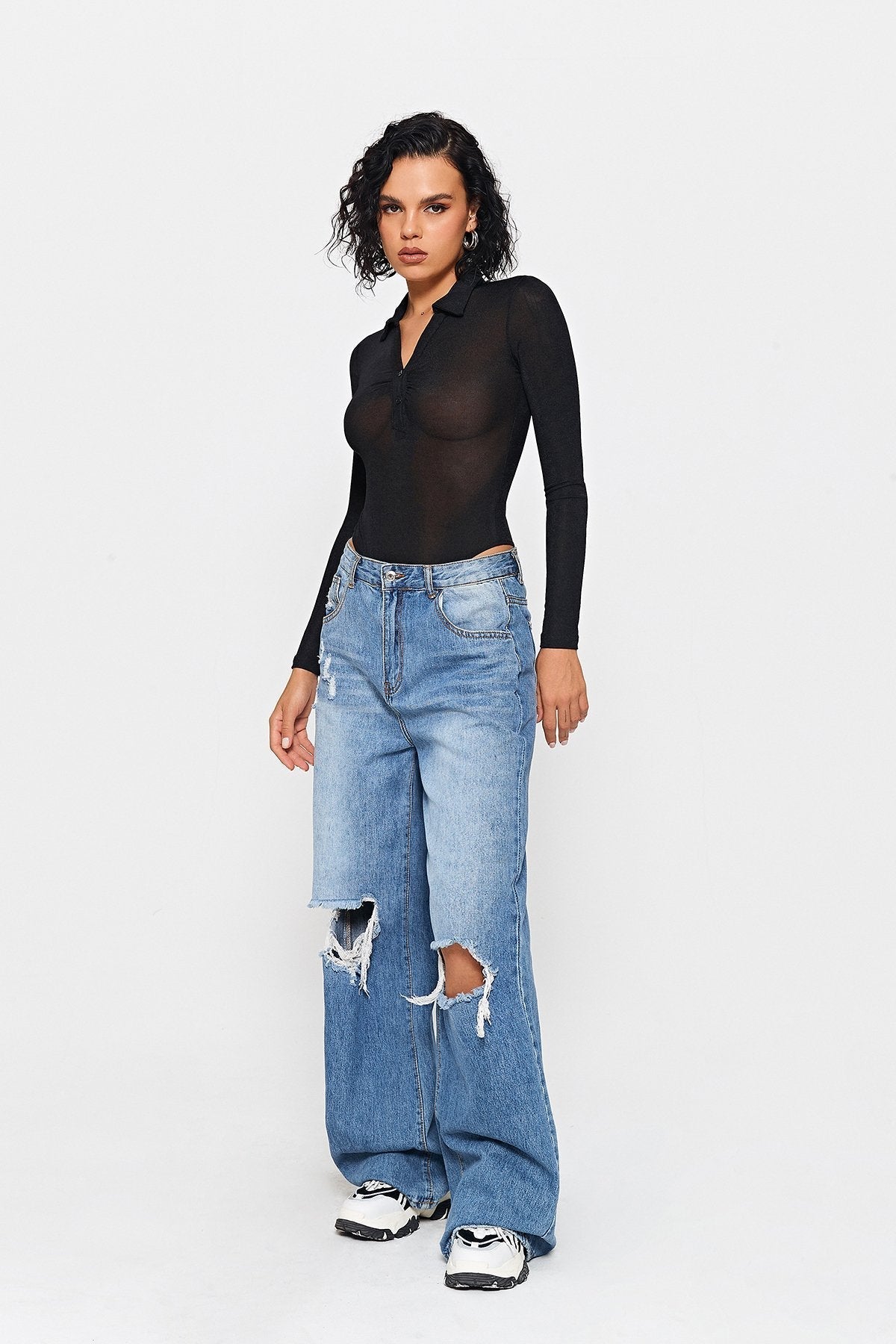 Lapel Neck Half Button Long Sleeve Bodysuit