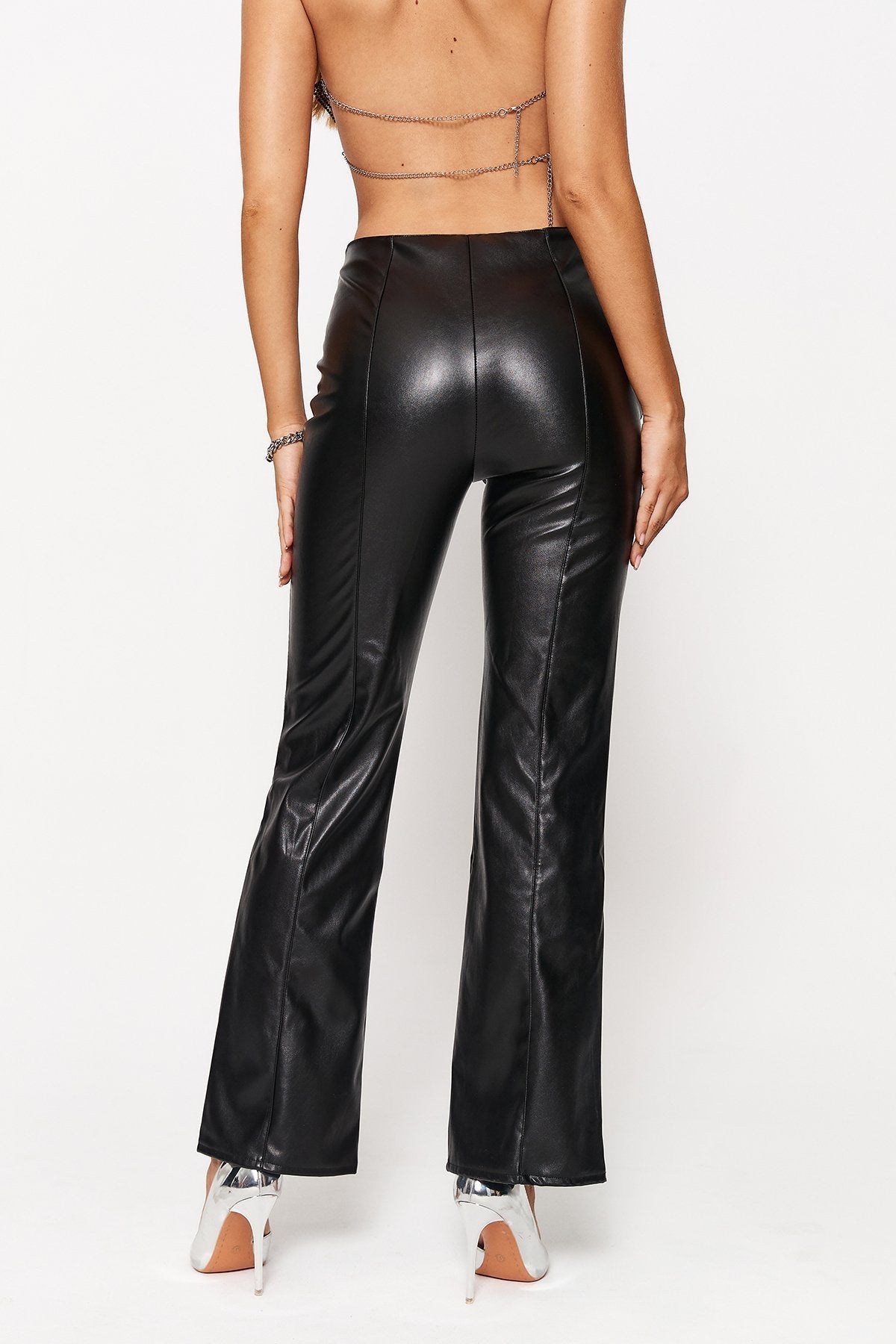 Low Waist Lace Up Split Hem PU Leather Straight Pants