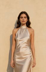 Vintage Solid Satin Backless Maxi Dress