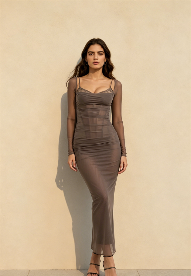 Mesh Lace Patchwork Boned Fitted High Slit Elegant Maxi Dress