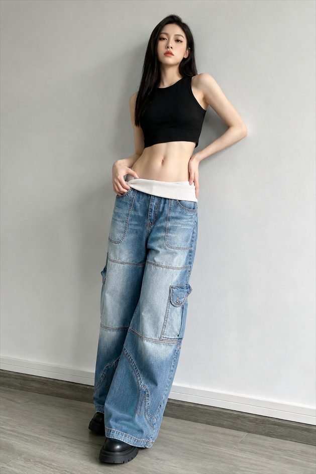 Washed Distressed Sporty Waist Wide Leg Jeans