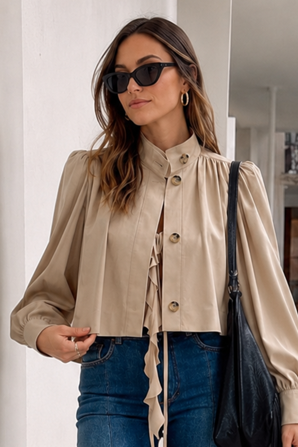 Short Khaki Puff Sleeve Trench Coat