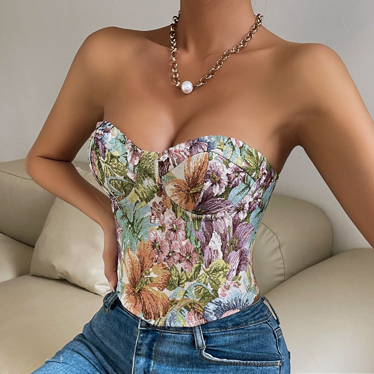 Abstract Print Lace Up Backless Tube Crop Top
