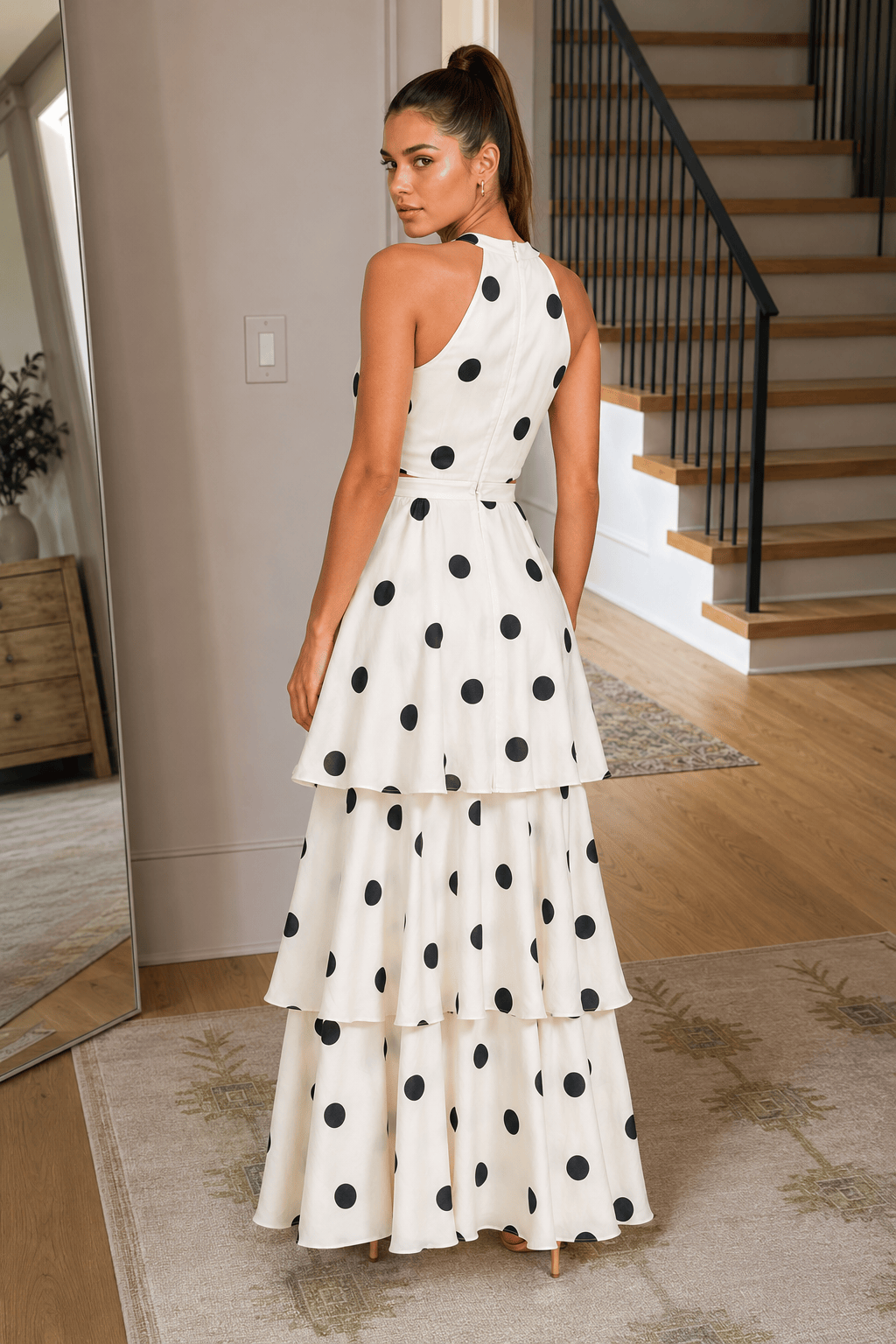 Polka Dot Halter Sleeveless Top Tiered Skirt Set