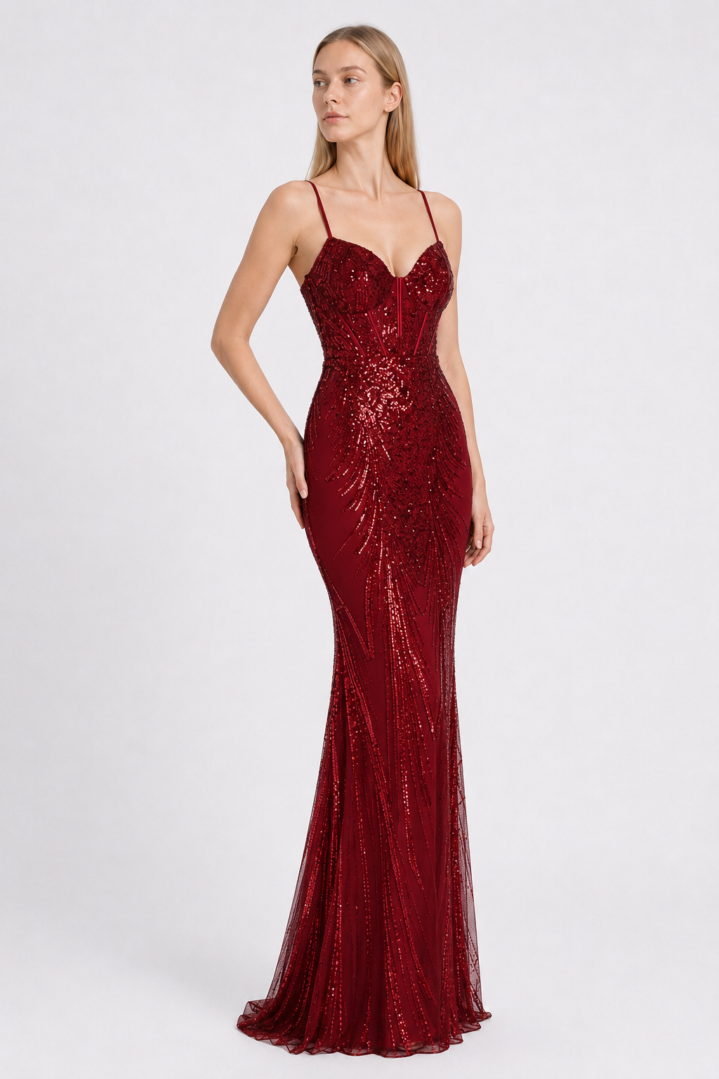 Boned Sequin Embroidered Formal Dress