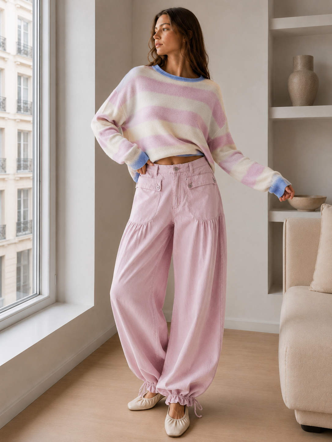 Ruched Mid Rise Wide Leg Jeans